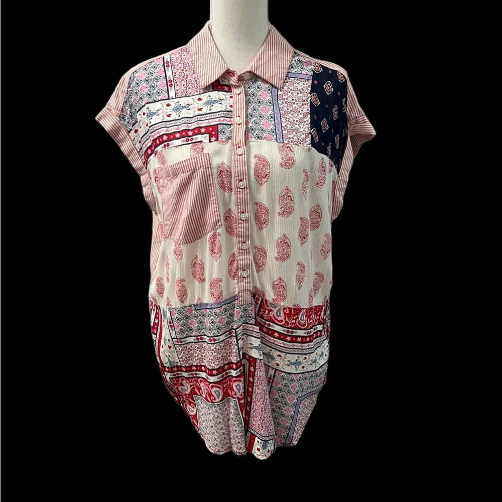 NWT Intro Love the Fit Cottagecore Red Multicolor Patchwork Tunic Shirt M